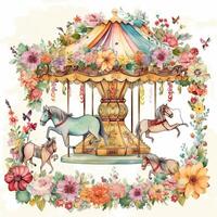 carrousel cheval et aquarelle fleurs. carrousel cheval aquarelle art avec fleurs. magnifique cirque carrousel et coloré fleurs. magnifique aquarelle art de une carrousel parc. ai généré. photo