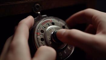 caucasien main en portant vieux façonné métal alarme horloge, en train de regarder temps précision généré par ai photo