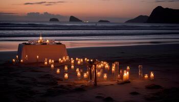 romantique aux chandelles illumine tranquille scène sur tropical littoral à crépuscule généré par ai photo