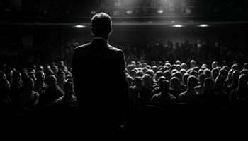 caucasien homme d'affaire applaudir succès, en train de regarder illuminé étape avec passionné foule généré par ai photo