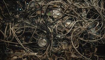 tordu métal câble emmêlé dans arbre bifurquer, chaotique environnement généré par ai photo