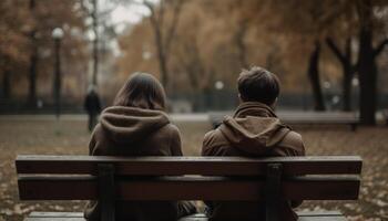 Jeune couple séance sur banc, embrasser, profiter l'automne la nature ensemble généré par ai photo