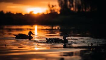 silhouette de cygnes à crépuscule, reflétant beauté dans la nature tranquillité généré par ai photo