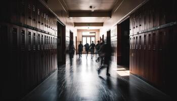 Hommes en marchant dans flou mouvement par moderne Bureau couloir généré par ai photo