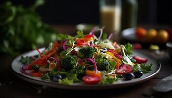 en bonne santé salade avec Frais des légumes et olive pétrole pansement généré par ai photo