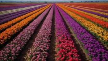 multi coloré tulipe plante dans une ligne, diminuant perspective, rural scène généré par ai photo