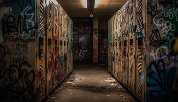 effrayant abandonné usine avec graffiti et endommagé bâtiment extérieur généré par ai photo