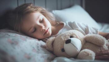 enfance joie souriant enfant sieste avec nounours ours sur doux oreiller généré par ai photo