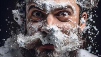 Beau homme jouit hiver fraîcheur, la lessive avec pétillant neige mousse généré par ai photo