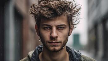 sur de soi Jeune homme braves le pluie avec une sérieux expression généré par ai photo