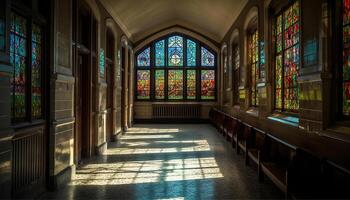 médiéval chapelle avec coloré verre fenêtre et gothique architecture généré par ai photo