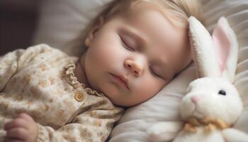 petit bébé fille repos pacifiquement avec sa jouet lapin généré par ai photo