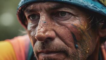 souriant les athlètes peindre visages, rivaliser dans coloré traditionnel Festival en plein air généré par ai photo