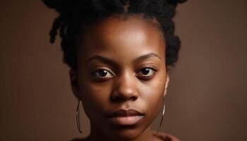 Jeune africain femme avec frisé cheveux dégage confiance et beauté généré par ai photo