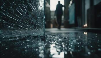 solitude dans le ville, flou mouvement de goutte de pluie reflets généré par ai photo