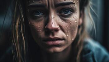 solitude dans le pluie Jeune femme beauté masqué par tristesse généré par ai photo