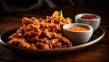 proche en haut de Profond frit poulet ailes avec sarriette sauce tremper généré par ai photo