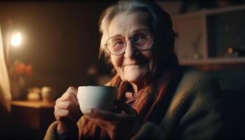 souriant Sénior femme jouit chaud boisson dans confortable vivant pièce généré par ai photo