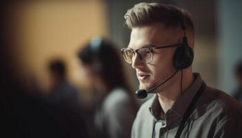 Jeune adulte homme d'affaire souriant tandis que en utilisant casque pour il soutien généré par ai photo