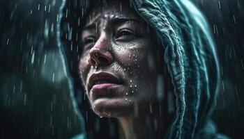 Jeune femme dans capot, humide de pluie, à la recherche triste généré par ai photo