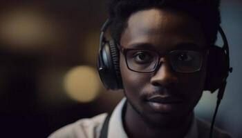 Jeune adulte africain musicien souriant, portant écouteurs et lunettes généré par ai photo