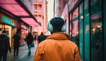 Jeune adulte en marchant par ville, écoute à la musique avec écouteurs généré par ai photo