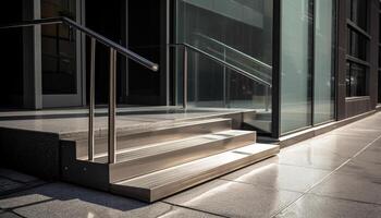 futuriste acier escalier reflète moderne architecture dans vide entrée salle généré par ai photo
