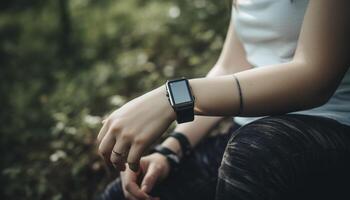 Jeune femme en portant intelligent montre, en train de regarder temps tandis que exercice en plein air généré par ai photo