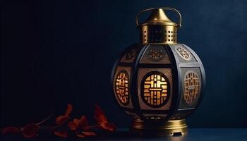 antique lanterne illuminé dans sombre, symbole de Ramadan tradition généré par ai photo