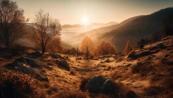 tranquille scène de Montagne intervalle à lever du soleil, beauté dans la nature généré par ai photo