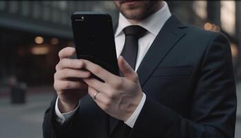 un homme d'affaire en portant intelligent téléphone, envoyer des SMS Succès dans ville Bureau généré par ai photo