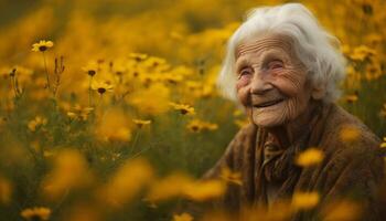 souriant Sénior femme jouit Frais Prairie dans non Urbain le coucher du soleil généré par ai photo