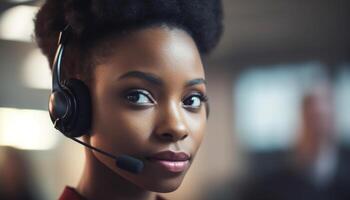 Jeune africain femme d'affaires souriant, en toute confiance parlant à client sur casque généré par ai photo