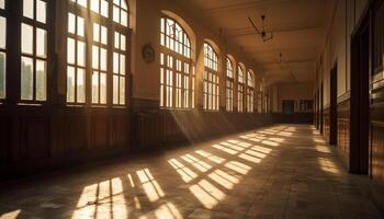 à l'intérieur une moderne bâtiment, le vide couloir pistes à lumière du soleil généré par ai photo