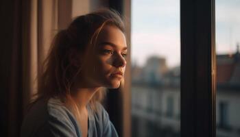 Jeune femme à la recherche par fenêtre à coucher de soleil, sentiment solitude généré par ai photo