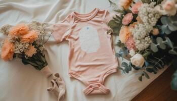 petit bébé fille dans mignonne rose robe avec fleur bouquet généré par ai photo