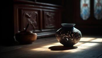 faïence poterie vase, un antique encore la vie décoration sur table généré par ai photo