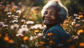 un souriant Sénior femme profiter la nature beauté dans printemps généré par ai photo