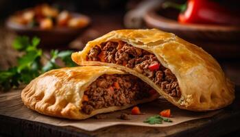 fraîchement grillé du boeuf shawarma farci dans fait maison galette fond appétits généré par ai photo