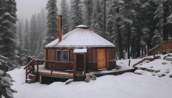 rustique Journal cabine dans tranquille forêt, couvert dans hiver neige généré par ai photo