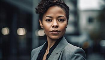 sur de soi Jeune femme d'affaires permanent dans moderne bureau, souriant à caméra généré par ai photo