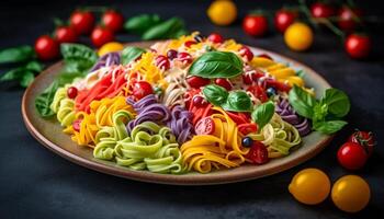 en bonne santé végétarien Pâtes repas avec Frais tomate et herbe salade généré par ai photo