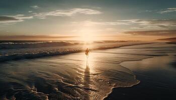 un la personne en marchant sur sable, retour allumé par le coucher du soleil généré par ai photo