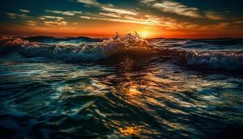 Orange paradis, tranquille paysage marin, brillant soleil, humide sable, mouvement vagues généré par ai photo