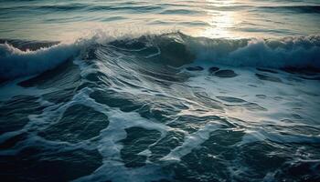 bleu vague pauses sur tranquille tropical littoral à le coucher du soleil généré par ai photo