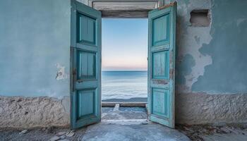 abandonné bâtiment fonctionnalité avec patiné porte et cassé fenêtre Cadre généré par ai photo