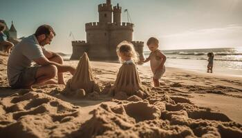 en jouant dans le sable, bâtiment une château de sable, famille unité généré par ai photo