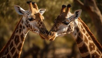 girafe famille permanent dans le région sauvage, à la recherche à caméra étroitement généré par ai photo