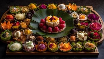 coloré gourmet dessert table avec Frais biologique fait maison bonbons généré par ai photo