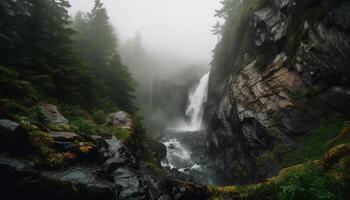 randonnée par le tranquille scène, mystère entoure le Montagne de pointe généré par ai photo